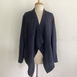 Lagenlook,Arty,Boho,Blue Linen Coldwater Creek Open Front 2 Pocket Jacket Large